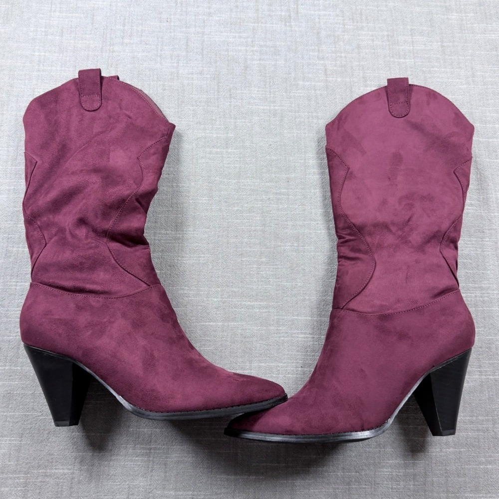 Burgundy Faux Suede Western Mid Calf Boots Pointed Toe Cone Heel Womens 9.5 - Picture 4 of 8